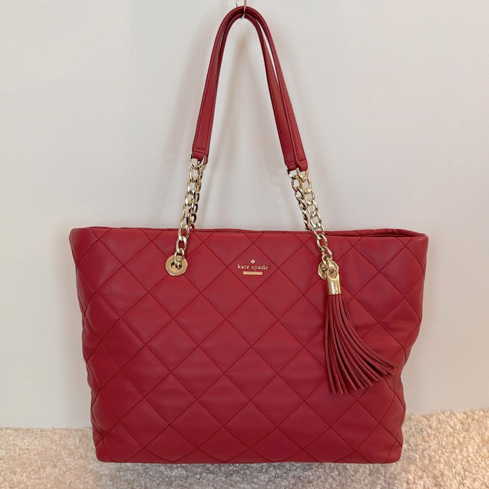 Kate Spade Red Quilt-Stitched Shoulder Tote with Gold-Toned Hardware